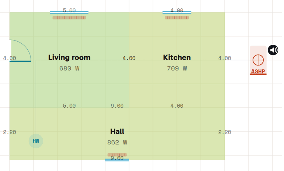 The SimpliHeat designer: a heat-tinted floor plan with room-by-room heat loss (Living 680 W, Kitchen 709 W, Hall 862 W), radiators, hot-water cylinder and the outdoor heat pump